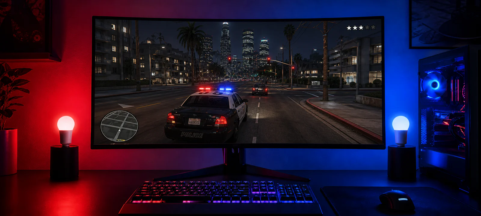 Gaming desk with synchronized red and blue smart lights